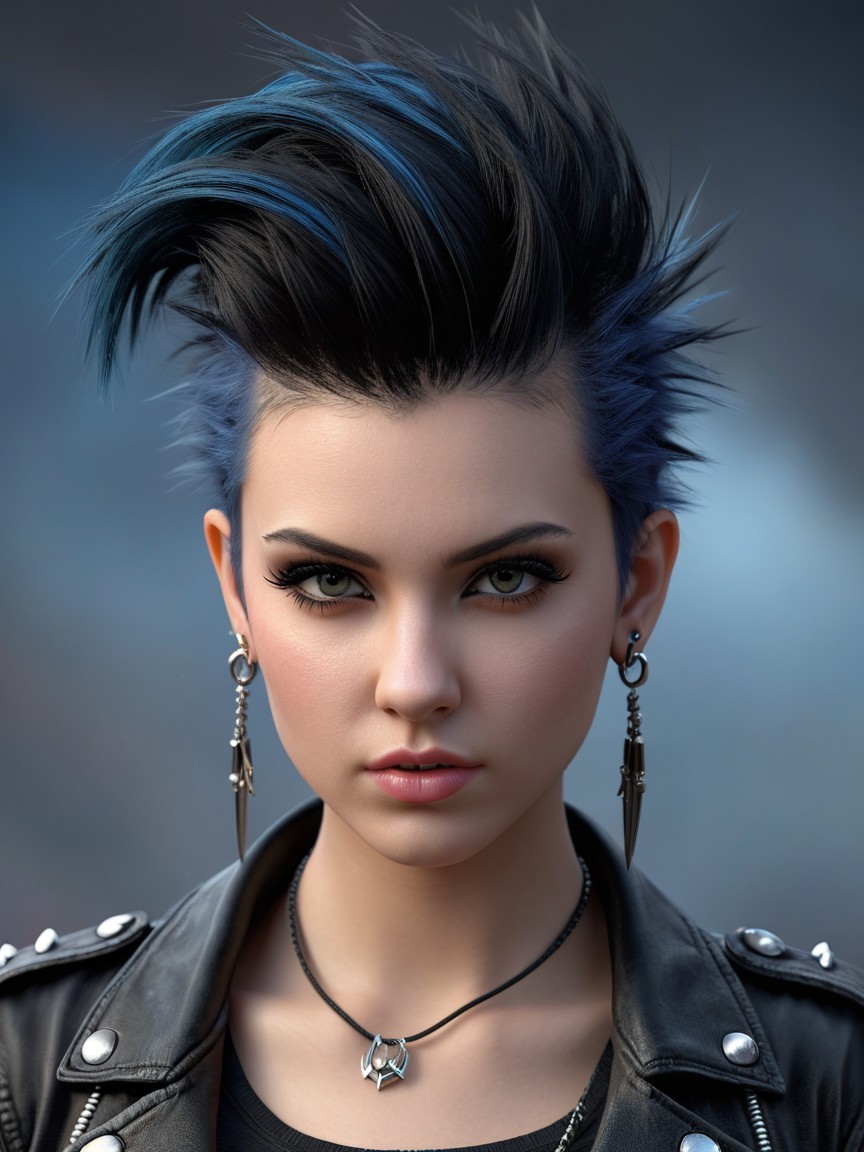 Portrait of a young woman with spiky blue hairstyle