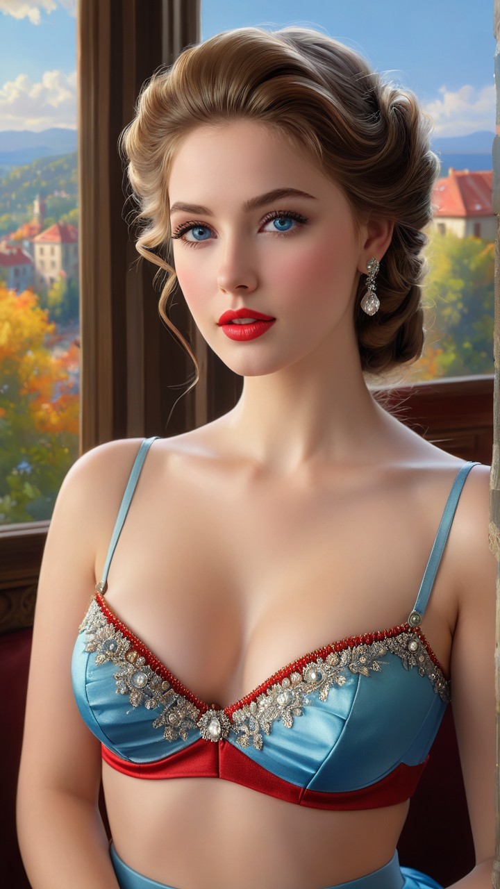 Young Woman in Blue Bra by Scenic Autumn Window