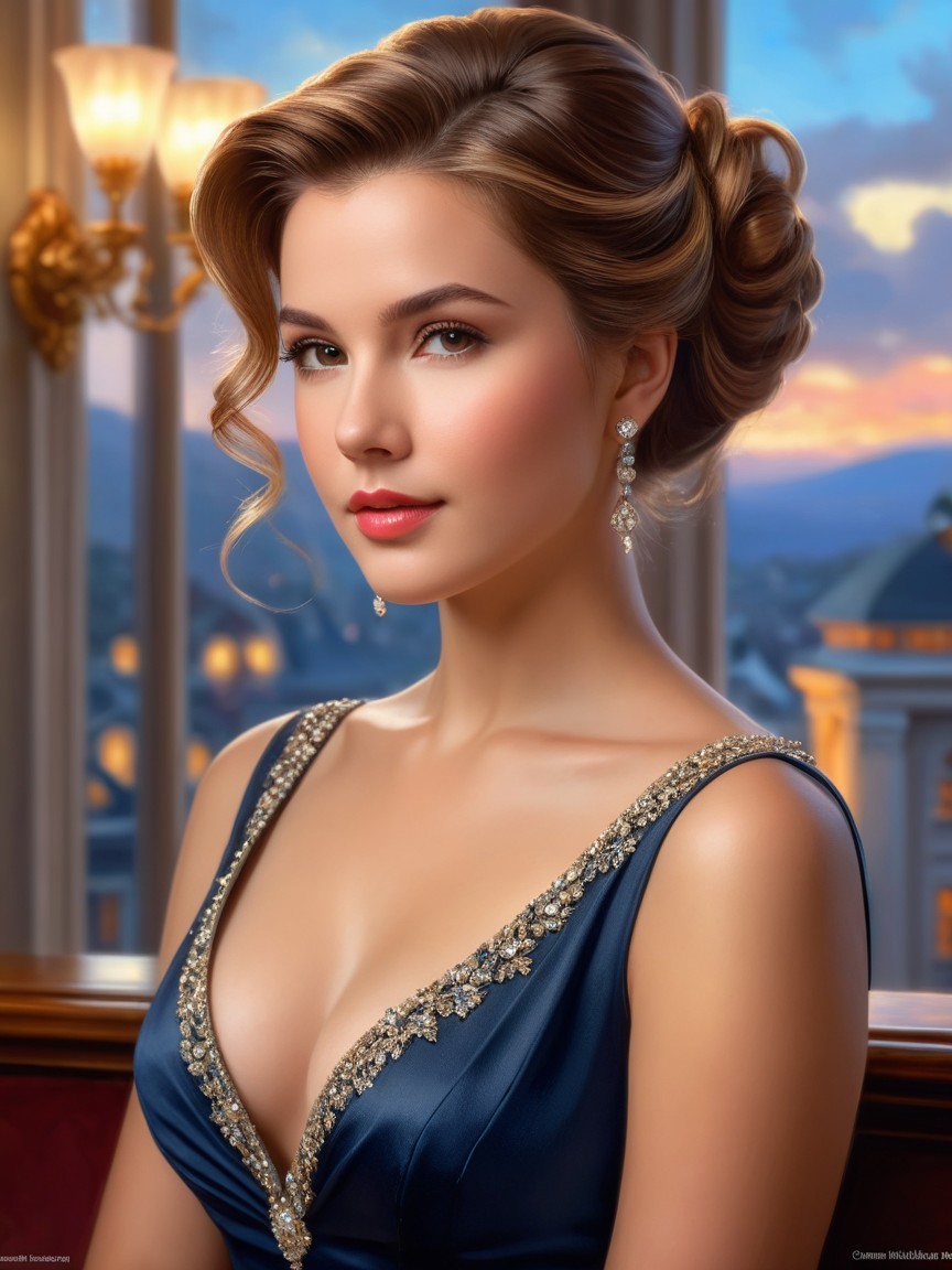 Elegant Woman in Blue Gown in Decorated Room