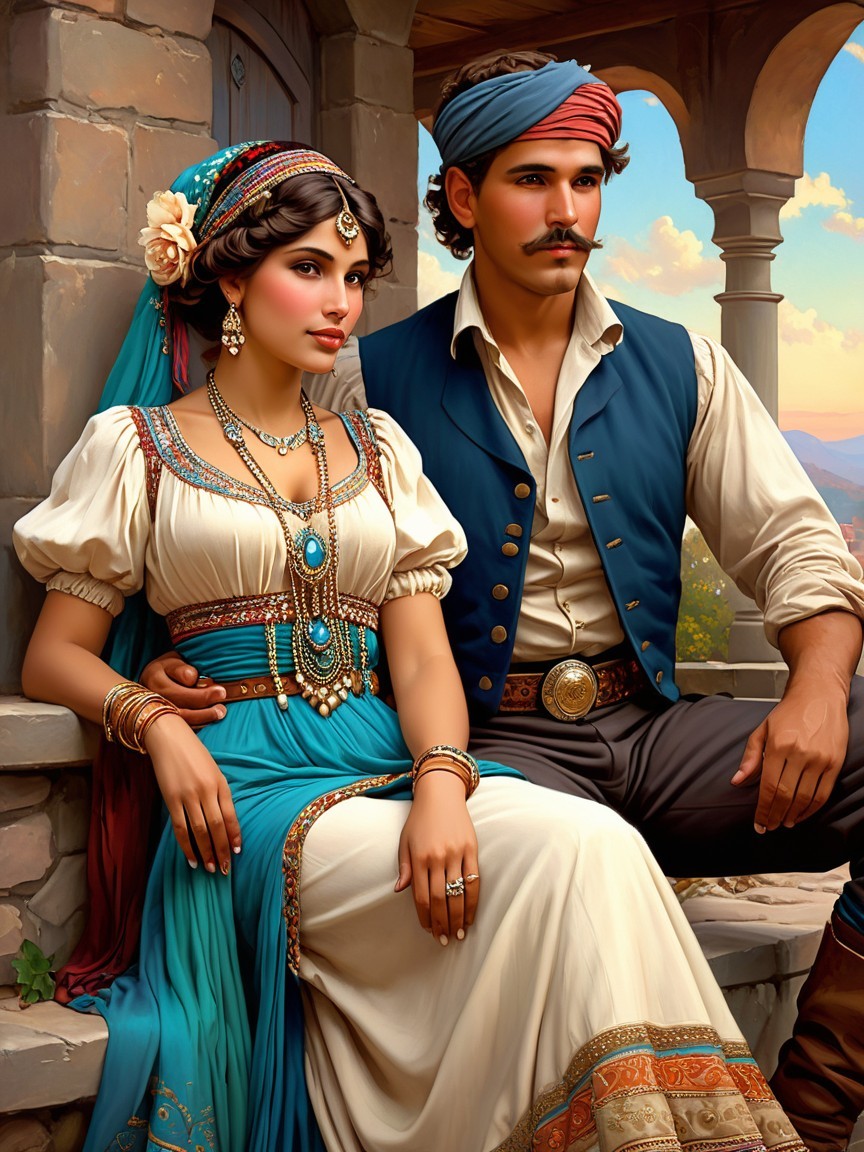 Elegant Couple in Historical Romantic Setting