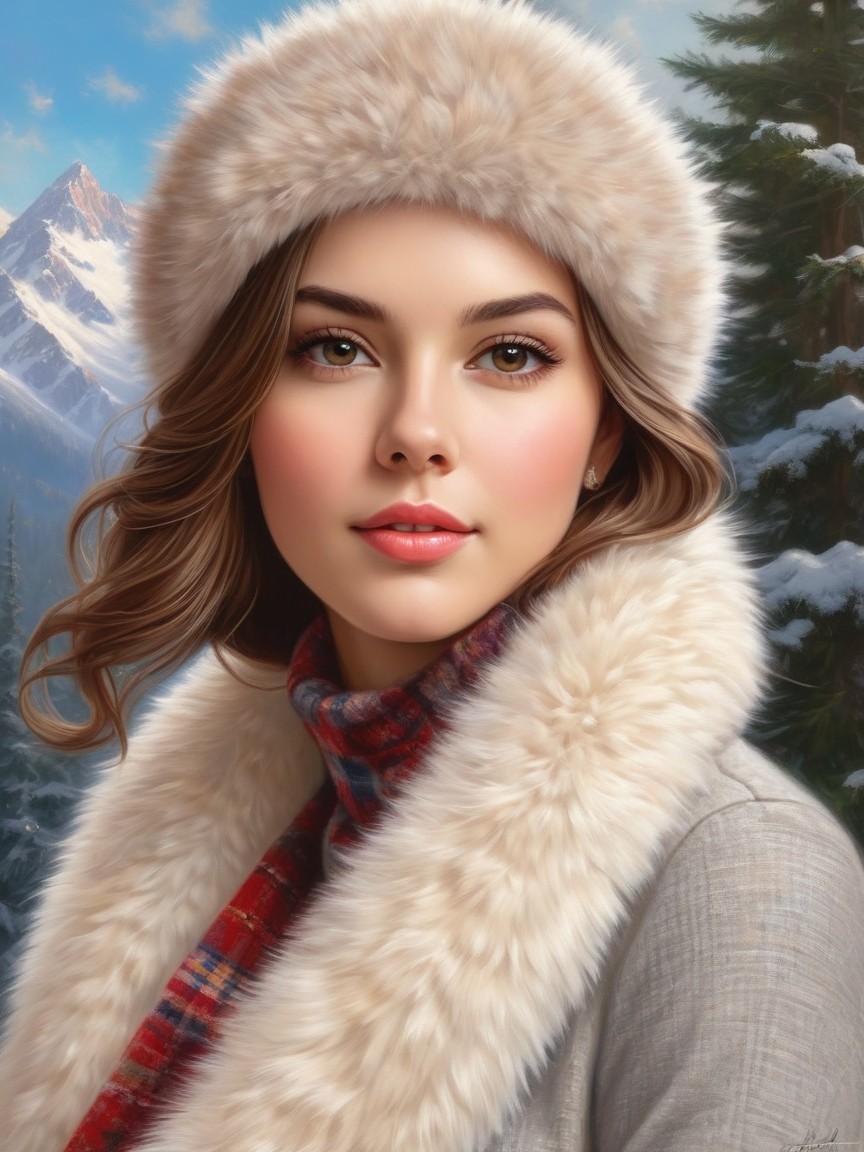 Young woman in fur hat and coat in snowy landscape