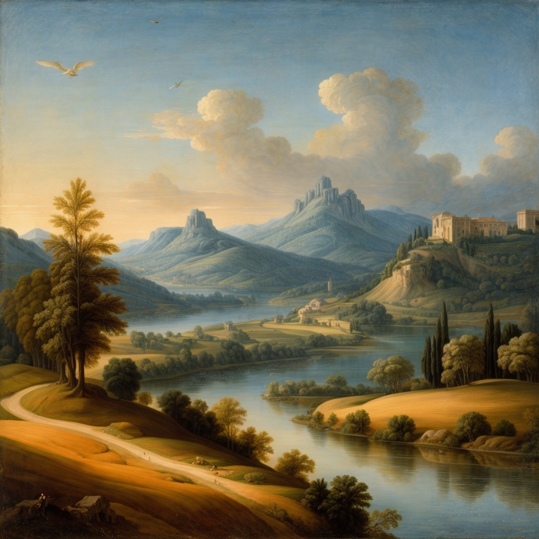 Serene landscape with hills, mountains, and river