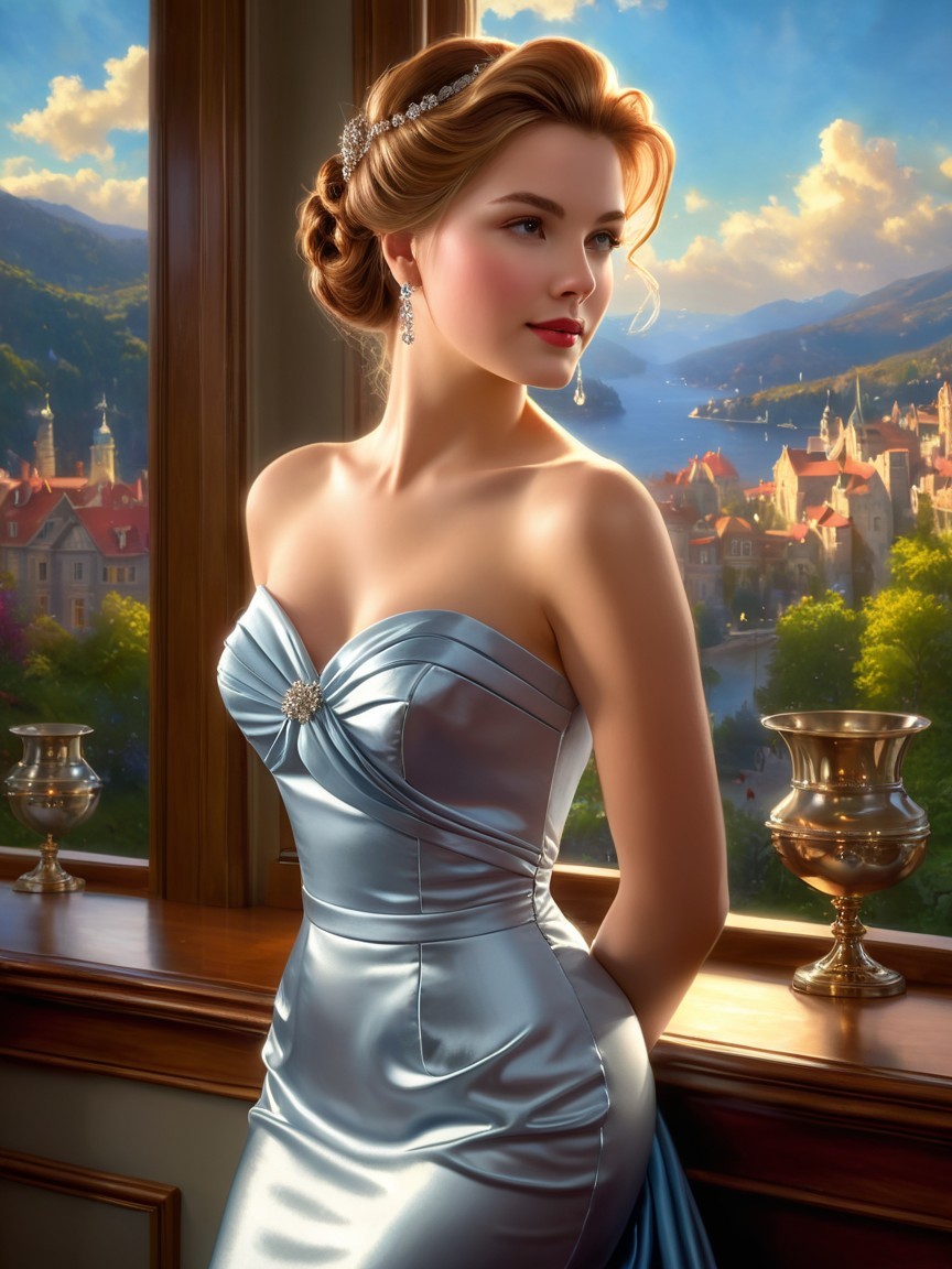 Elegant woman in silver gown with scenic views
