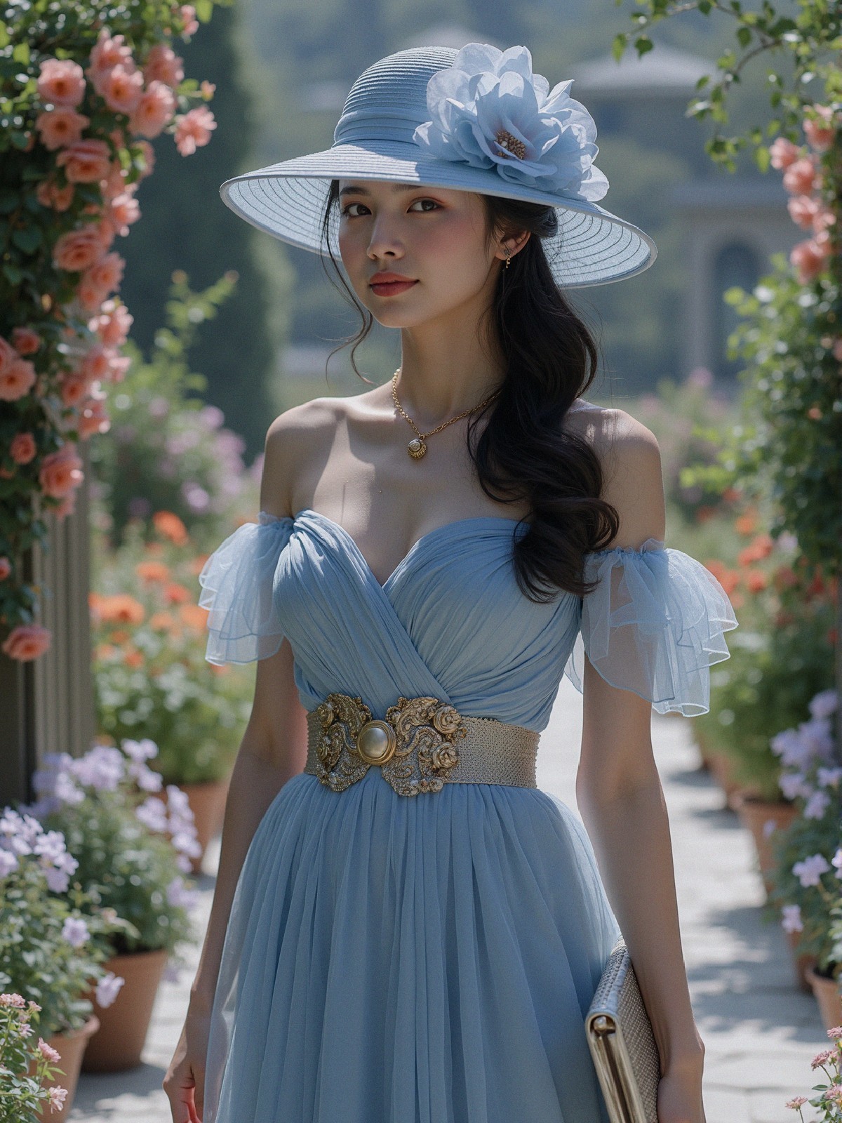 Woman in Floral Garden with Blue Off-Shoulder Dress