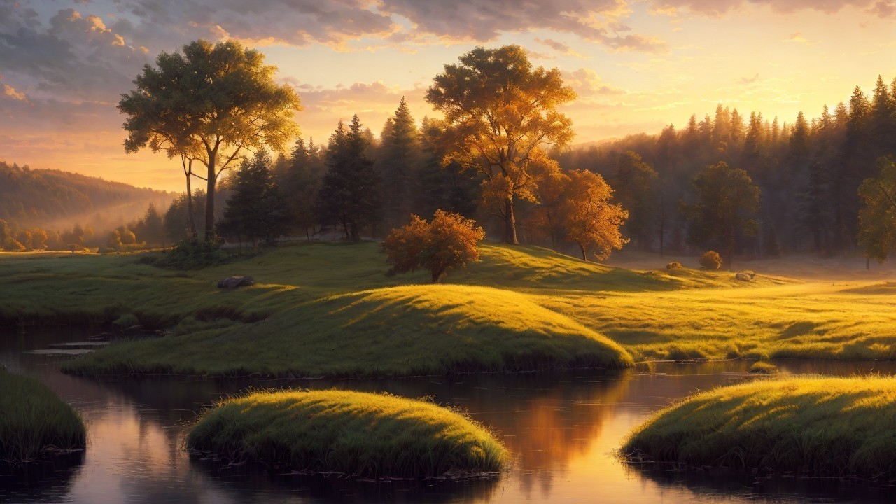 Serene Dawn Landscape with Hills and Calm River