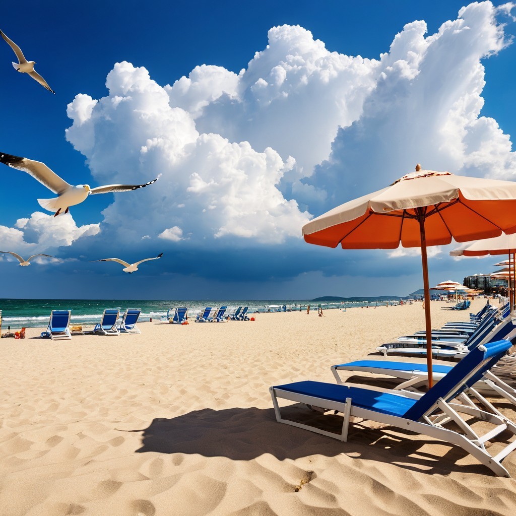 Picturesque Beach Scene with Sand, Sky, and Umbrellas