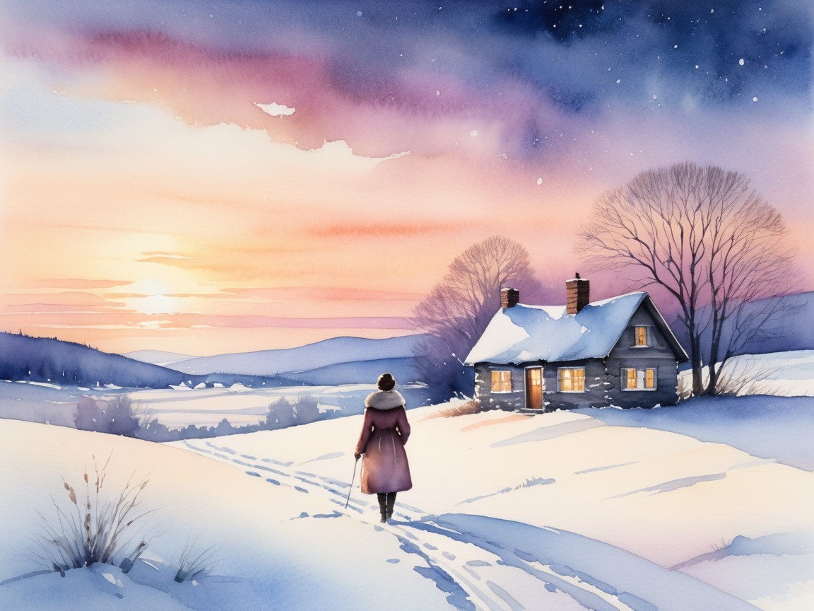Serene winter landscape with snow-covered hills and cottage