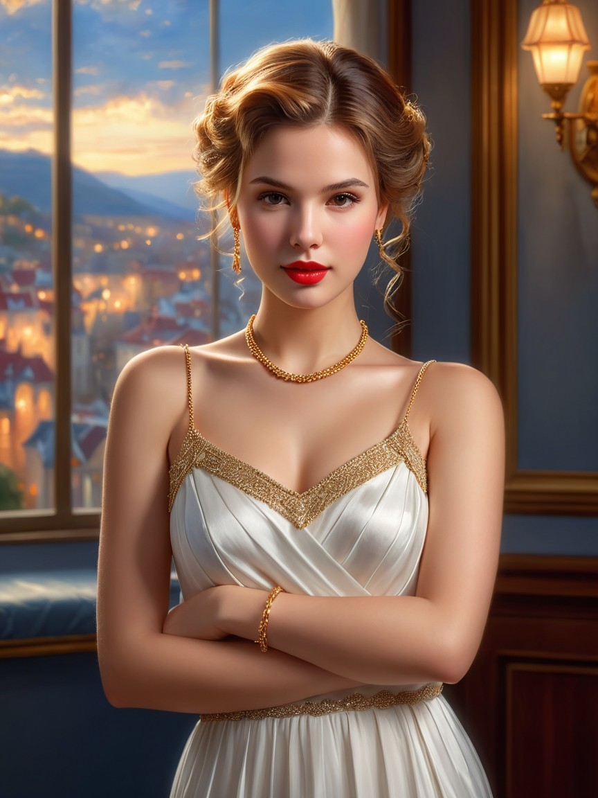 Elegant woman in white gown with gold accents