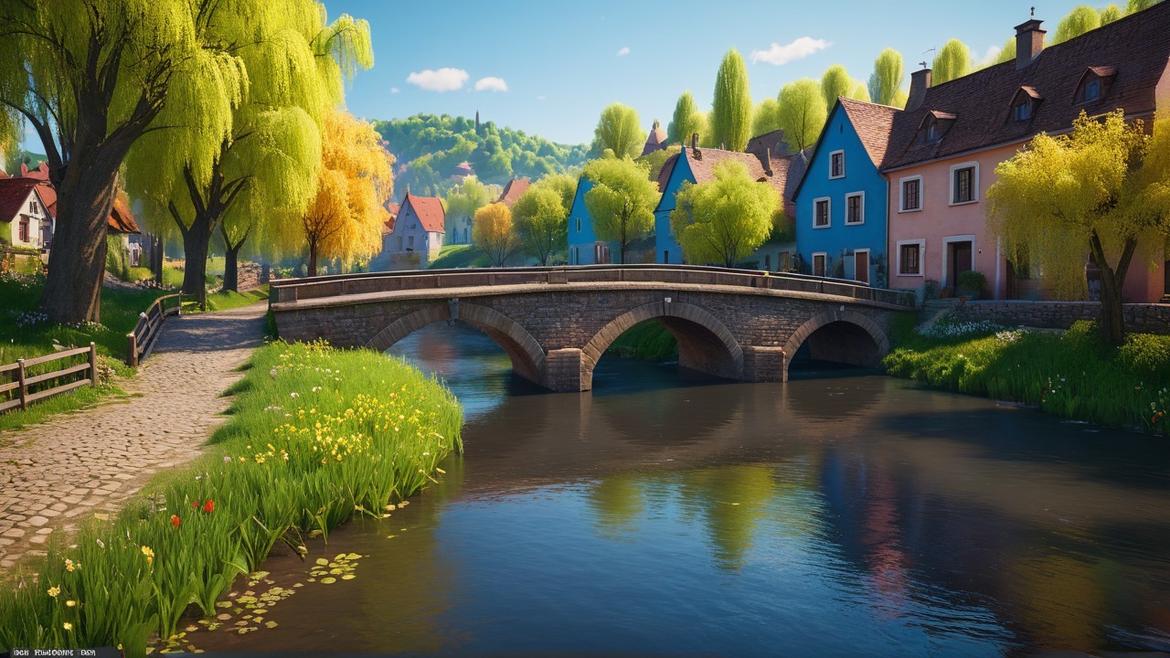 Serene landscape with stone bridge over calm river