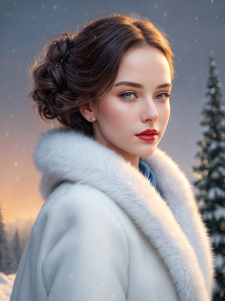 Young Woman in Elegant Coat in Snowy Landscape
