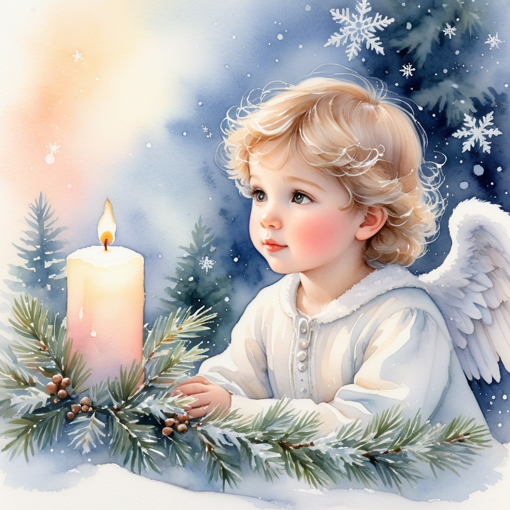 Serene Child with Wings and Candle in Winter Scene