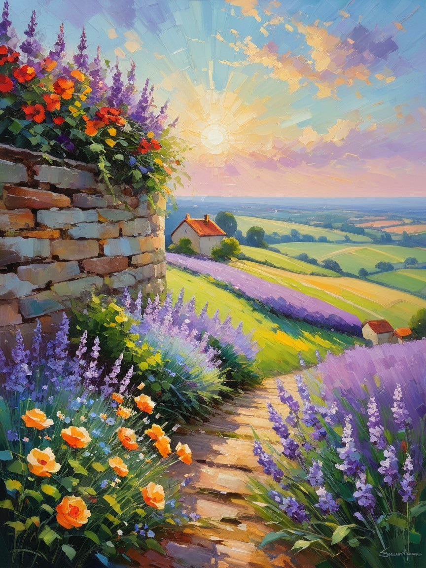 Vibrant Landscape with Path, Flowers, and Cottage