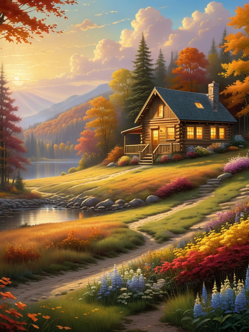Cozy log cabin by tranquil lake in autumn scenery