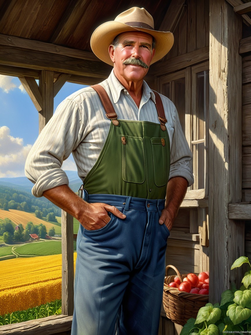 Farmer in Rustic Setting with Baskets of Apples