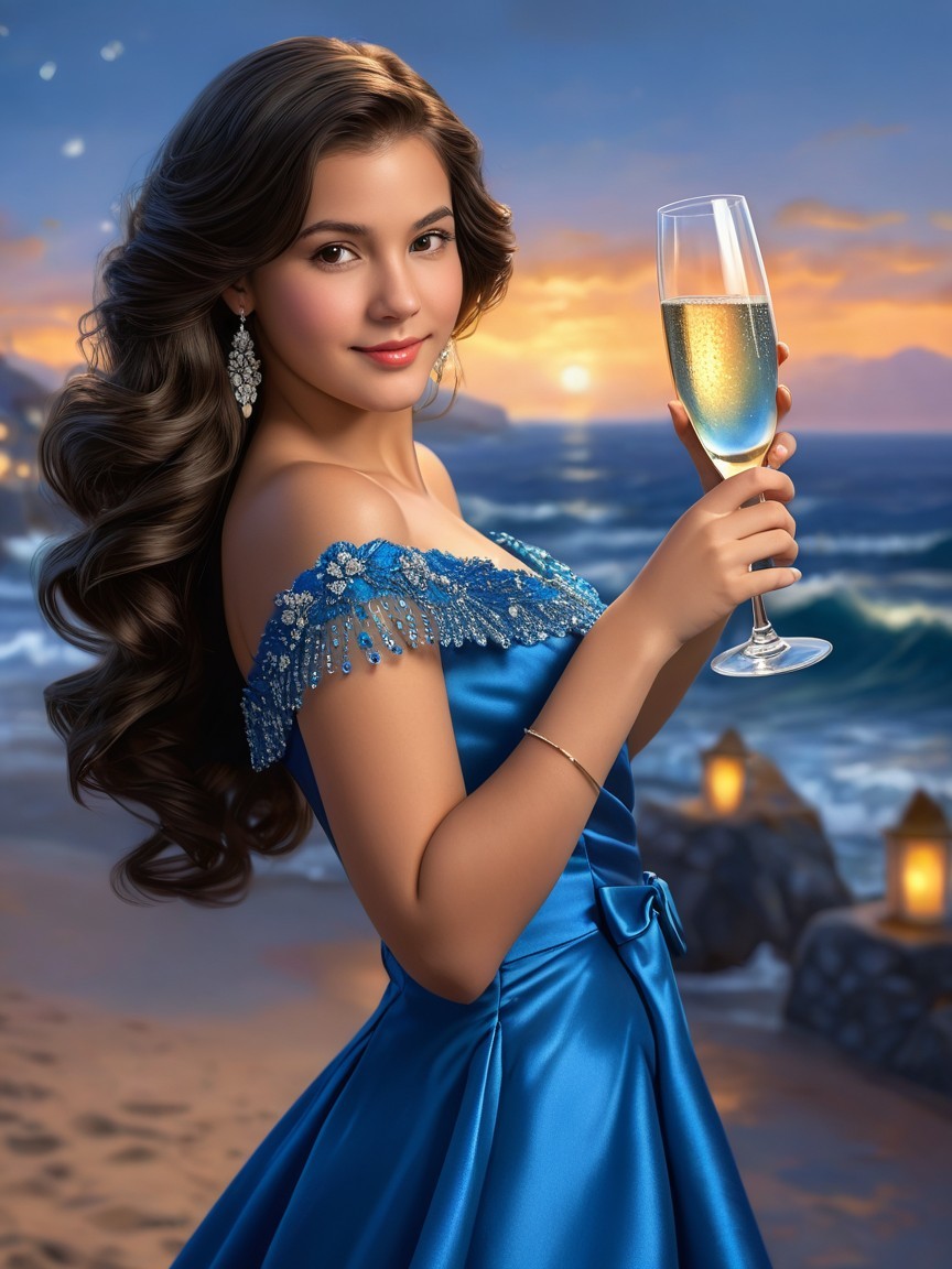 Young Woman in Blue Dress at Sunset Beach Scene