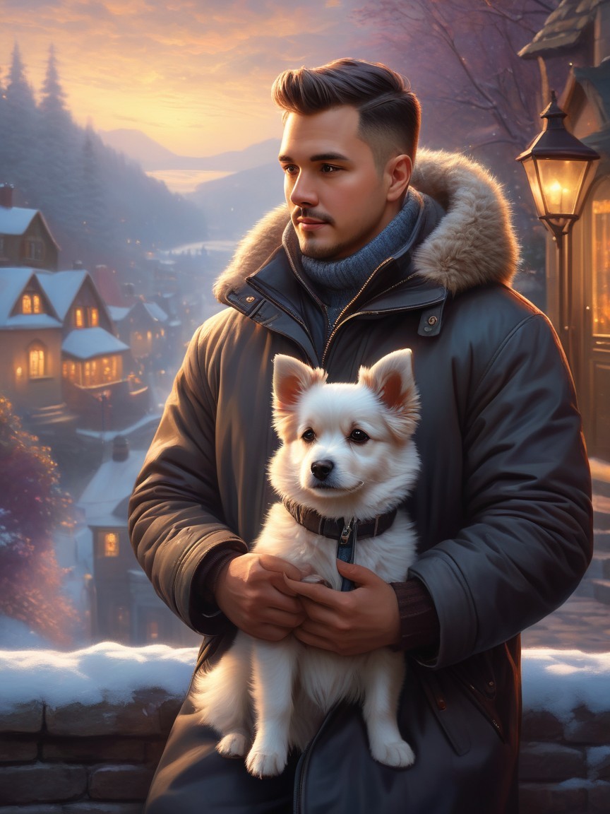 Winter Village Scene with Man and Dog in Parka