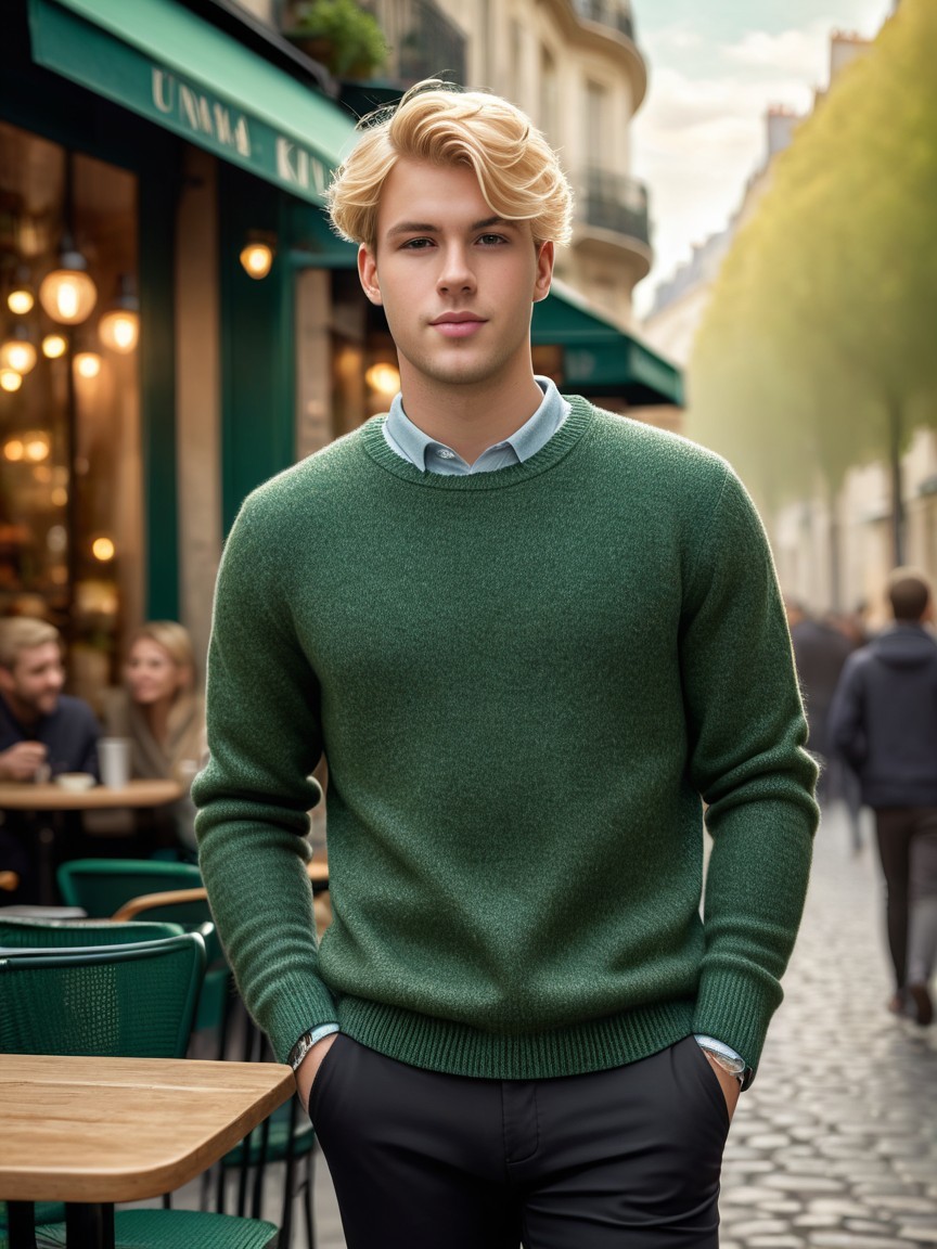 Young Man in Green Sweater on Cobblestone Street