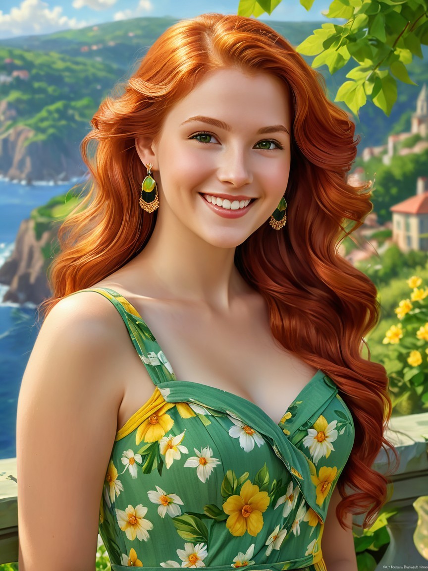Young Woman in Floral Dress Against Coastal Landscape