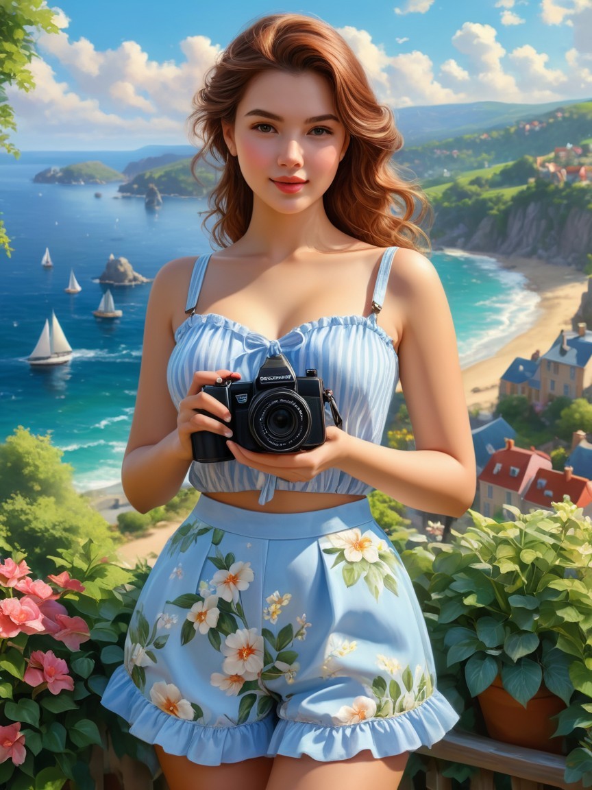 Young Woman on Balcony Overlooking Coastal Landscape