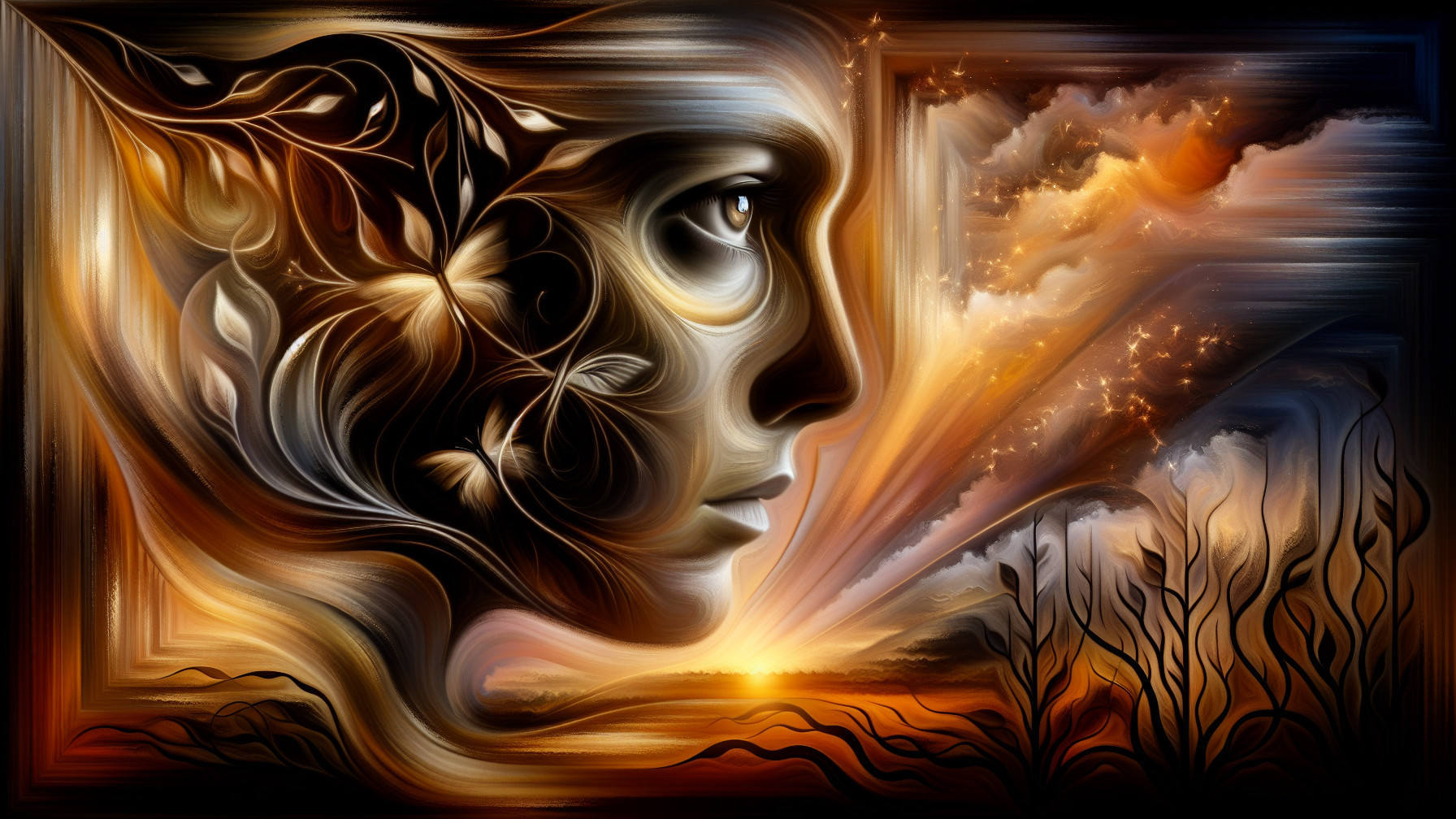 Surreal Artwork Merging Human Faces and Nature Motifs