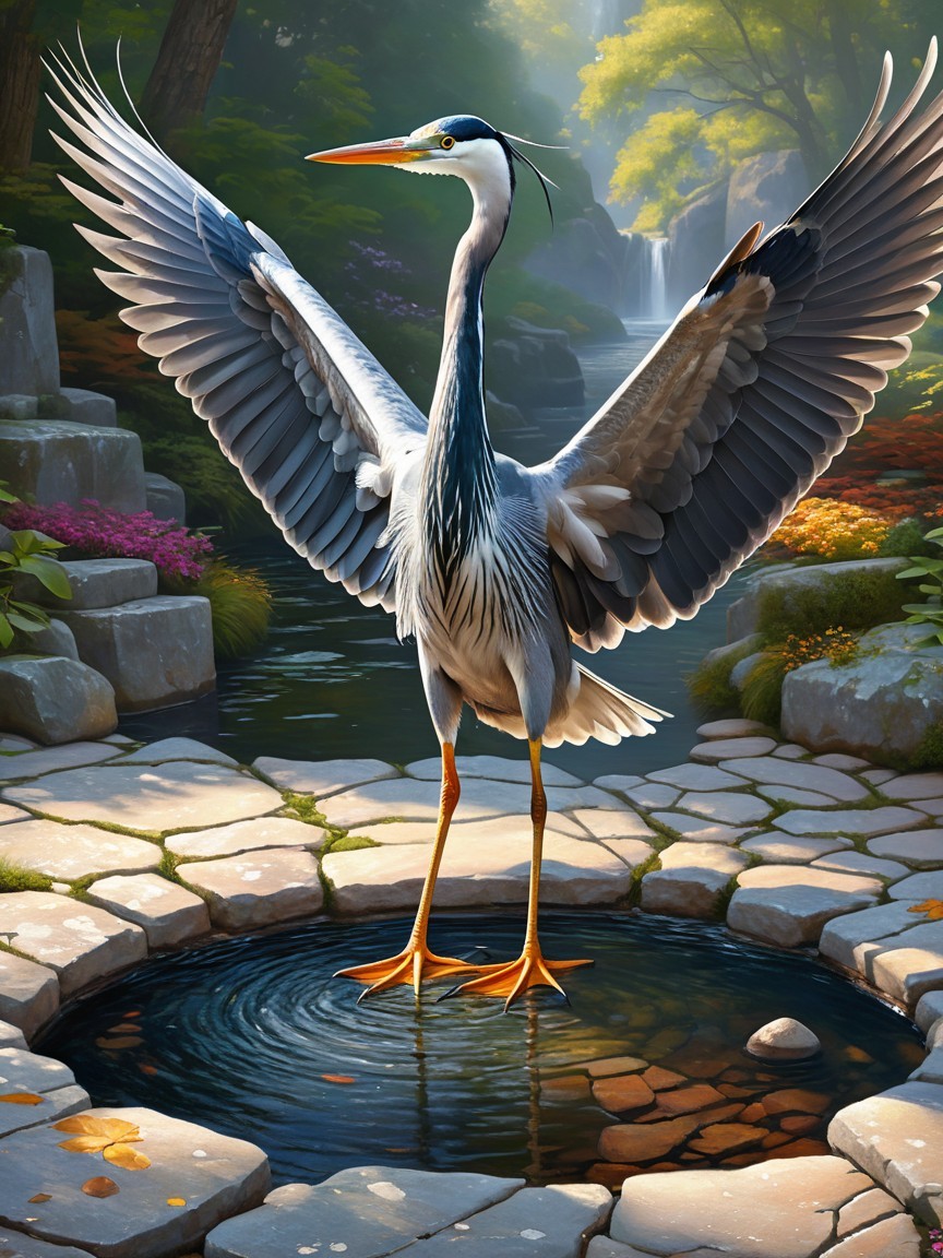 Heron with Outstretched Wings by Tranquil Pond