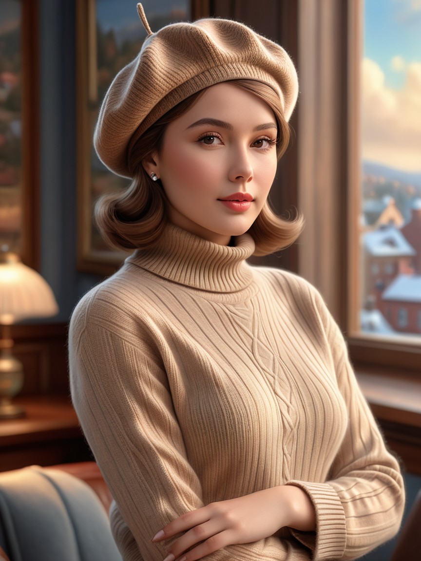 Young Woman in Cozy Room with Winter Landscape View