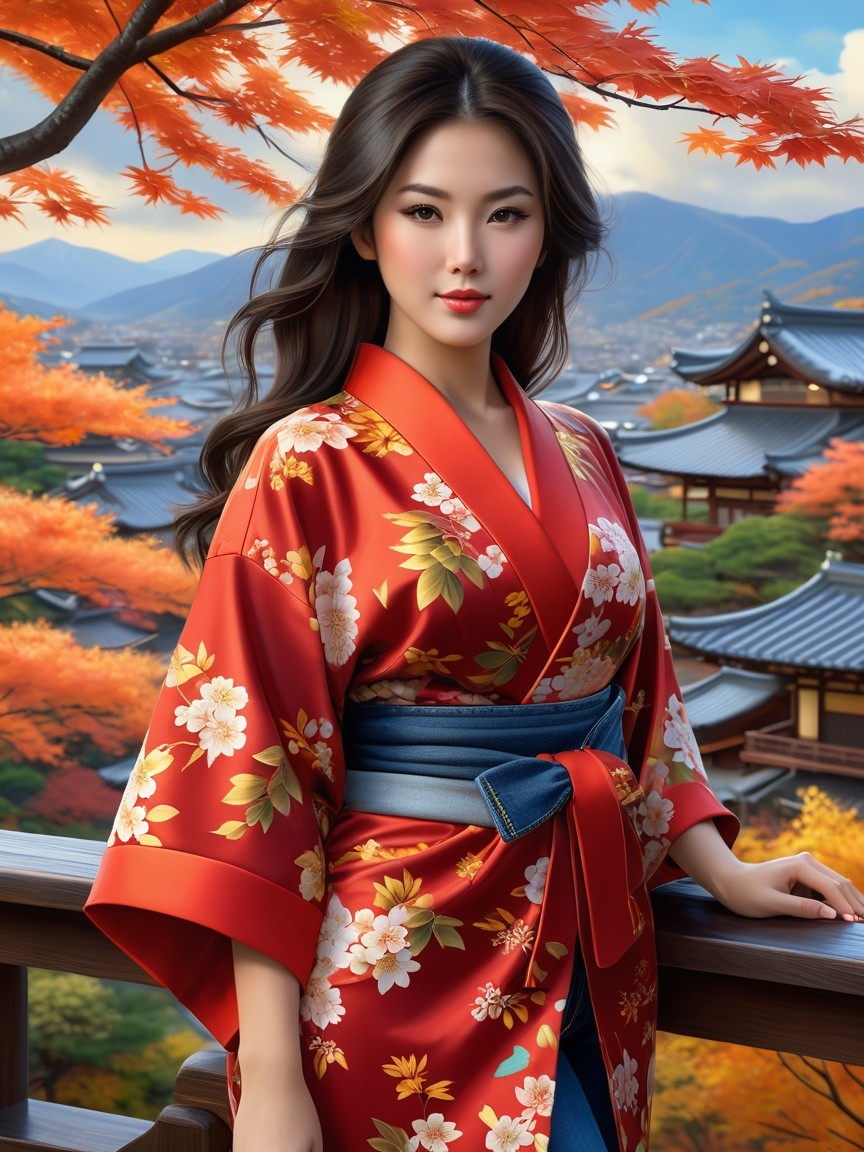 Woman in Red Kimono on Balcony with Autumn Landscape