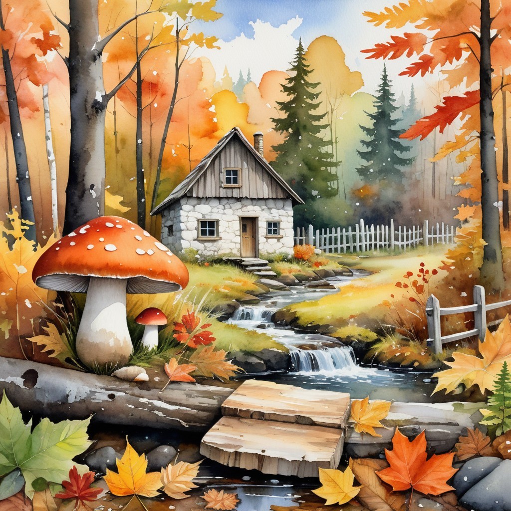Cottage in Vibrant Autumn Landscape with Stream and Trees
