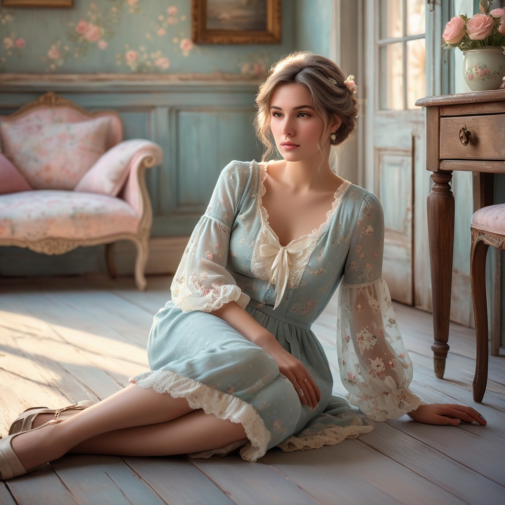 Young woman in pastel floral room with vintage decor