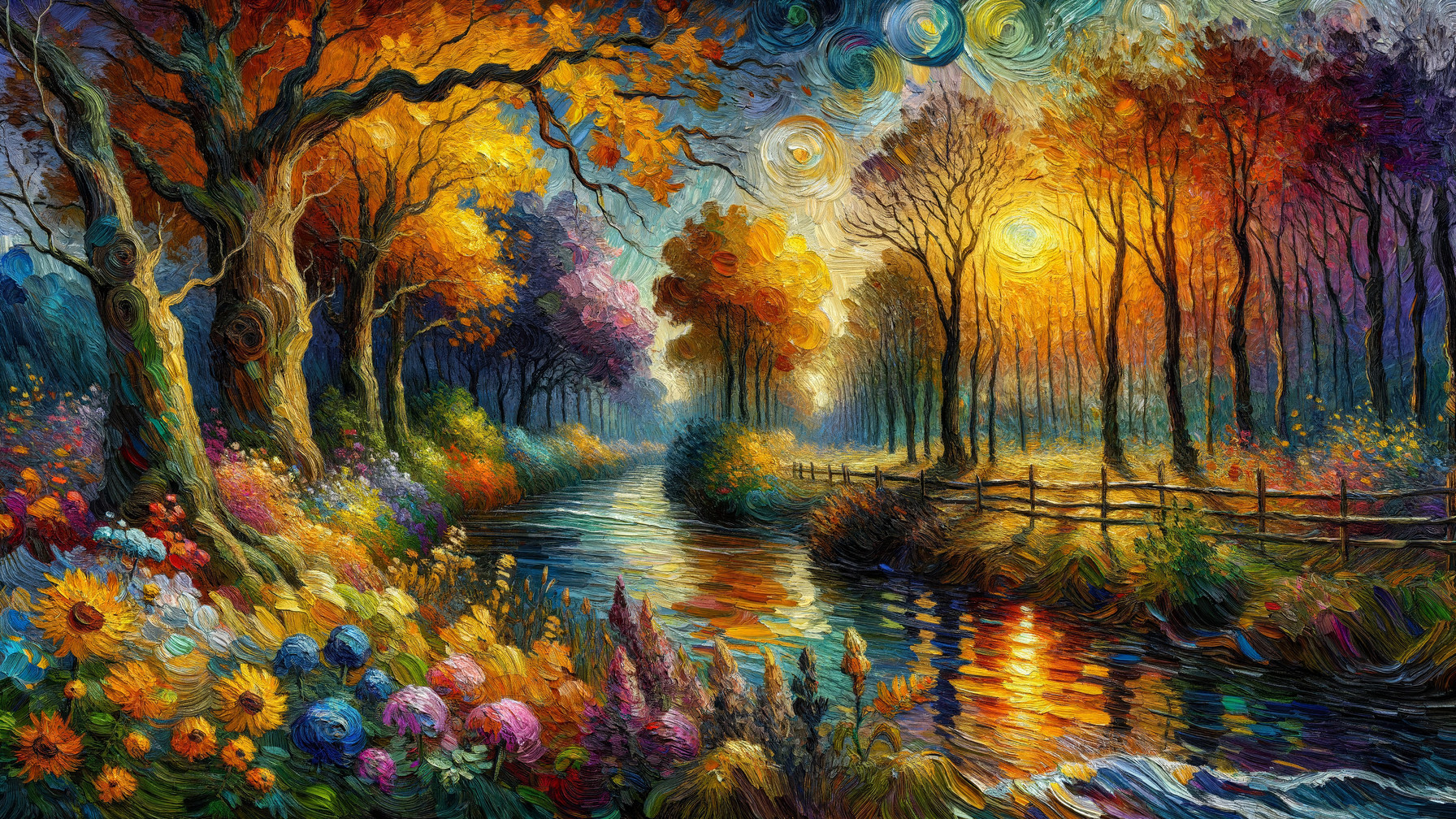 Vibrant Autumn Landscape with Winding Stream and Trees