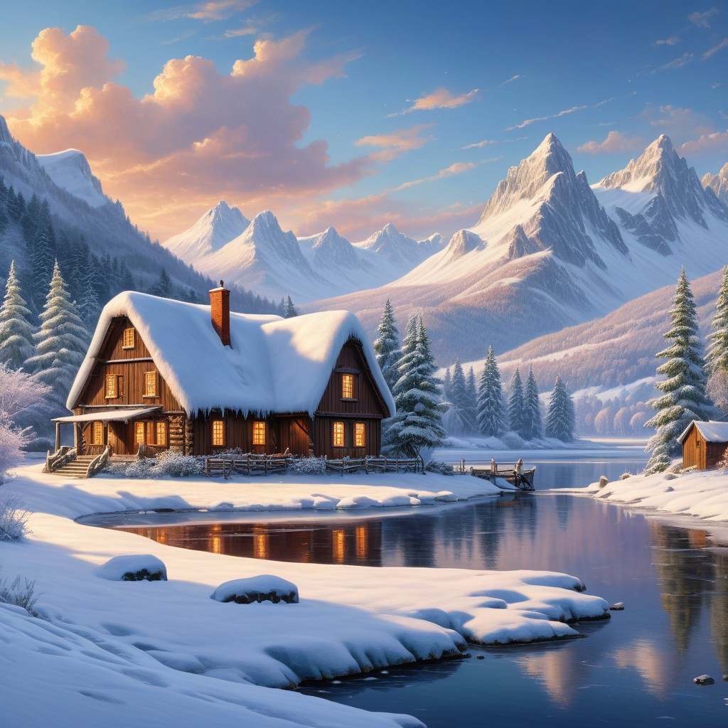 Wooden cabin by frozen lake in snowy mountains
