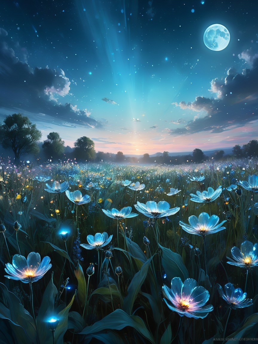 Luminous Flower Field Under Starry Sky and Moonlight