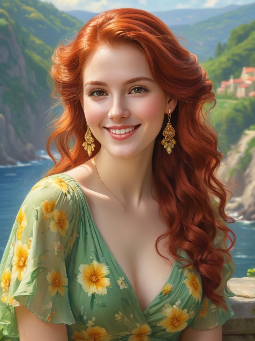 Young Woman with Red Hair in Floral Dress by Coastline