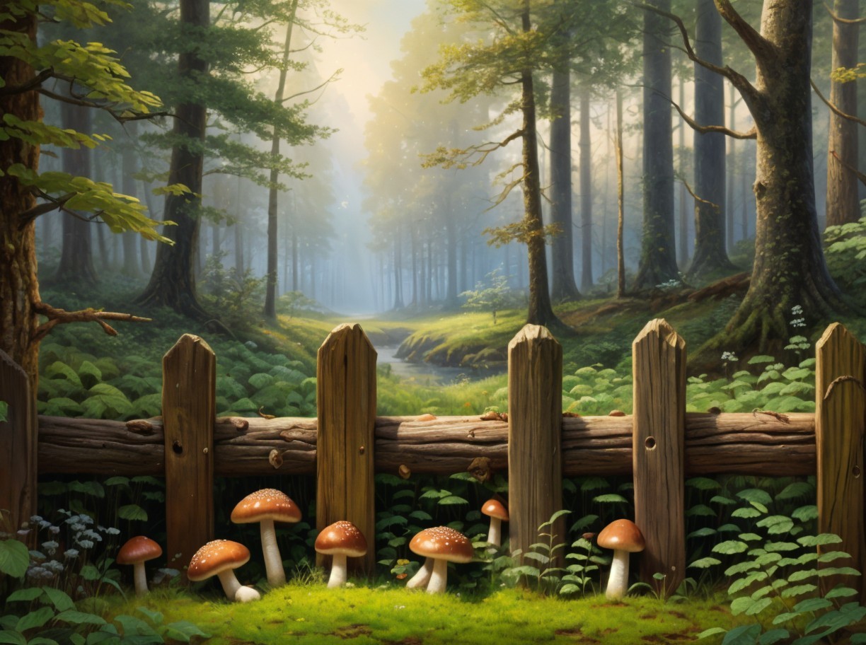 Serene forest scene with trees, stream, and mushrooms