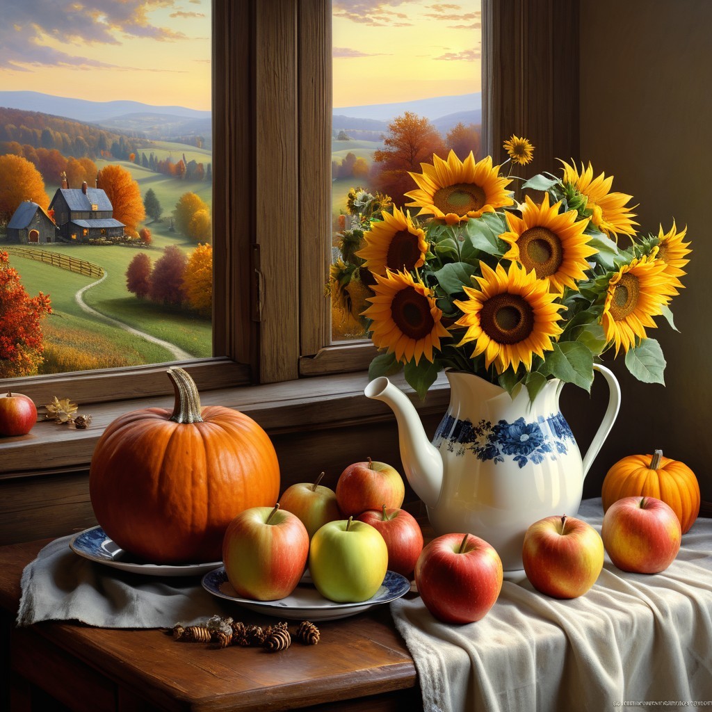 Cozy Autumn Scene with Sunflowers and Pumpkins