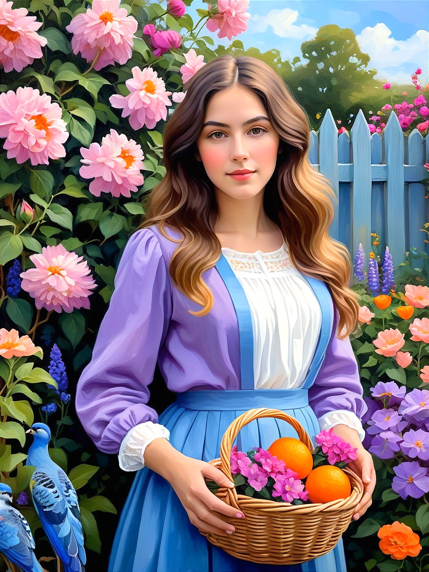 Young Woman in Vibrant Garden with Flowers and Fruits