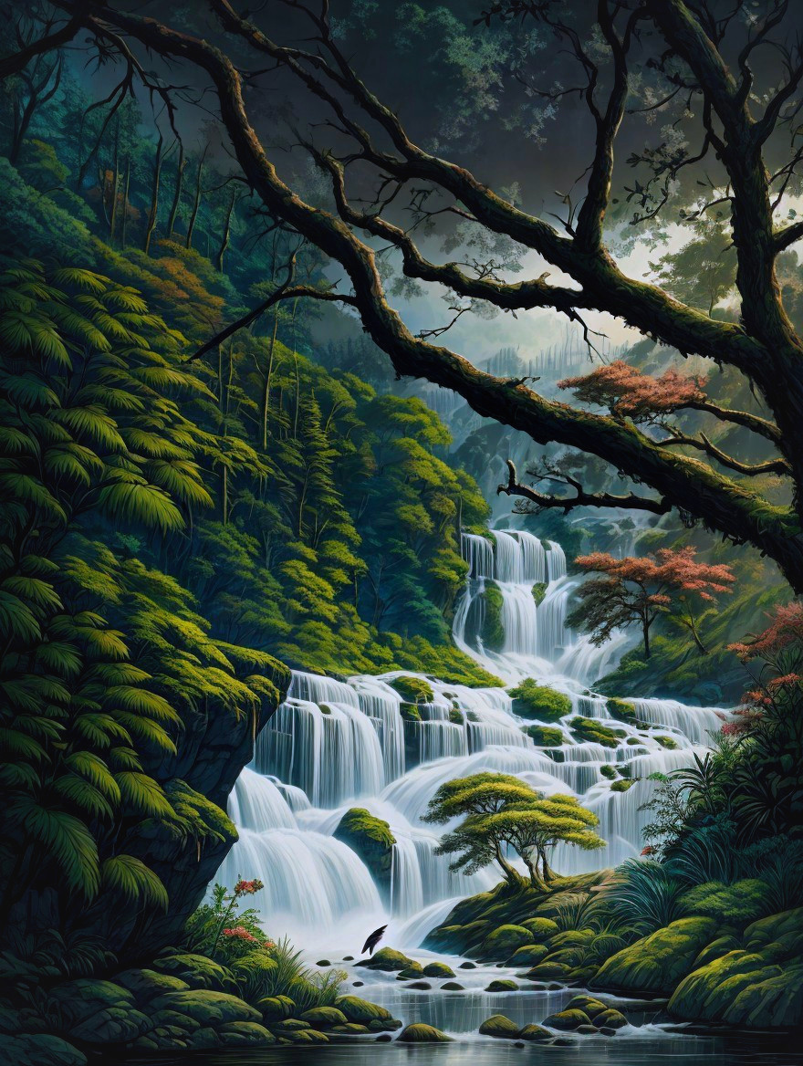 Serene Waterfall in a Lush Green Landscape