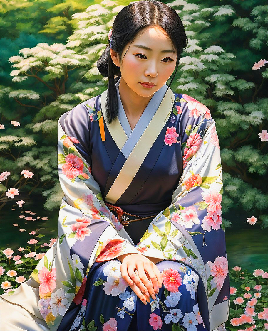 Woman in floral kimono surrounded by blooming nature