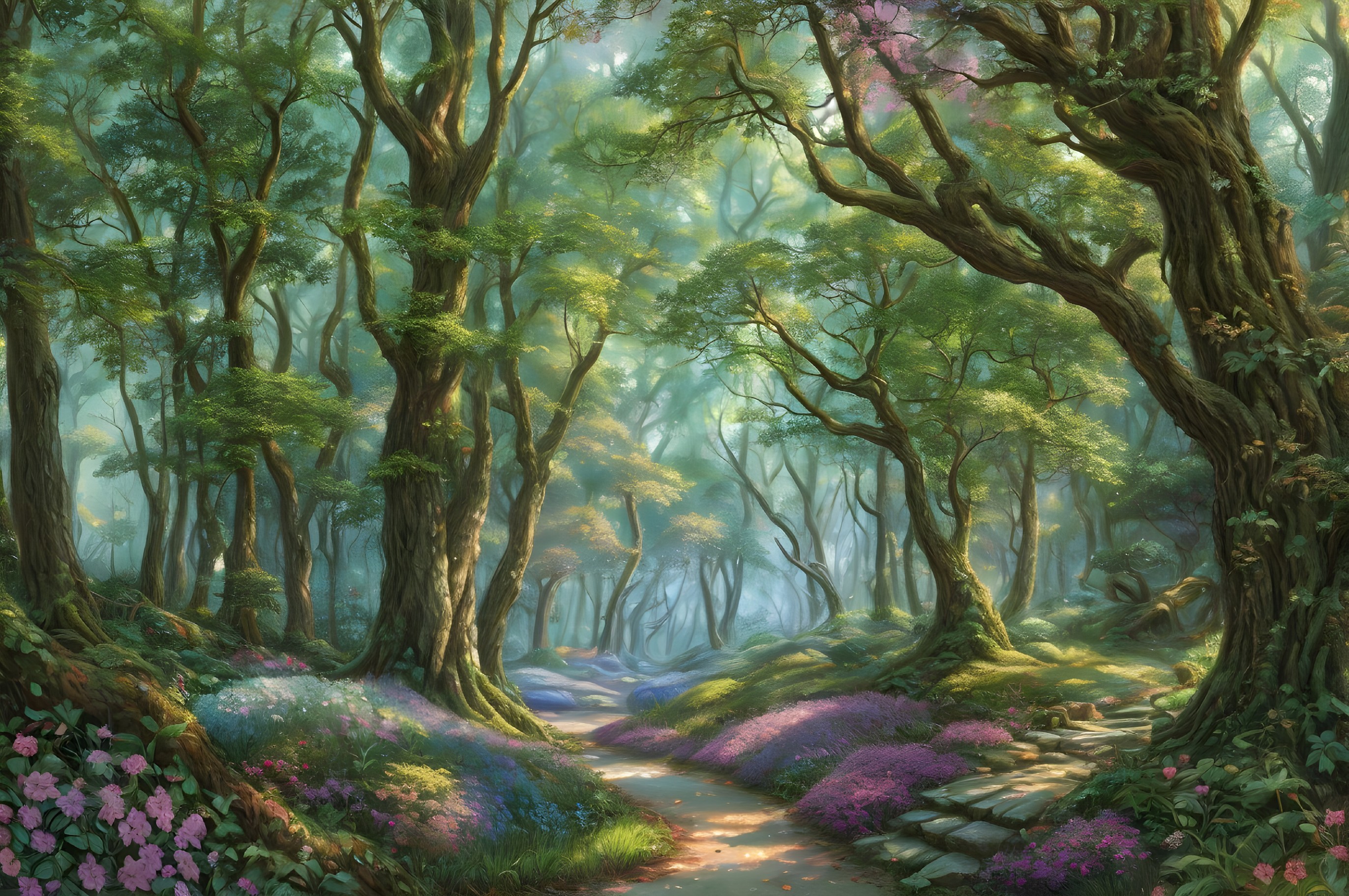 Serene Forest Scene with Dappled Light and Wildflowers