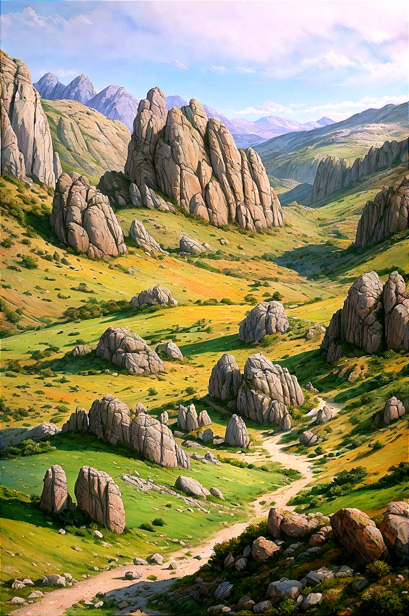 Scenic landscape with winding trail, rocky outcrops, and mountains