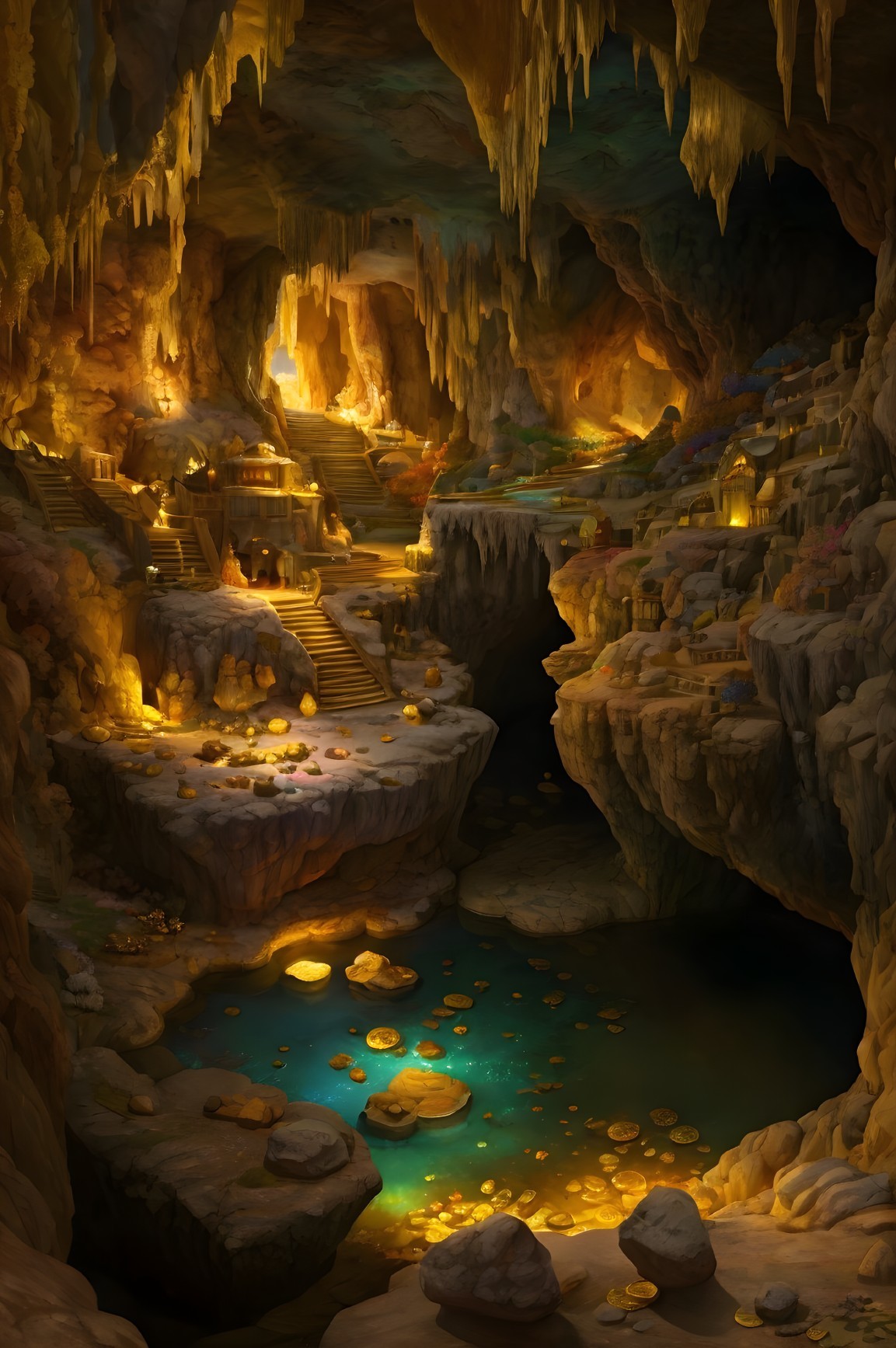 Underground Cave with Golden Glow and Turquoise Pool