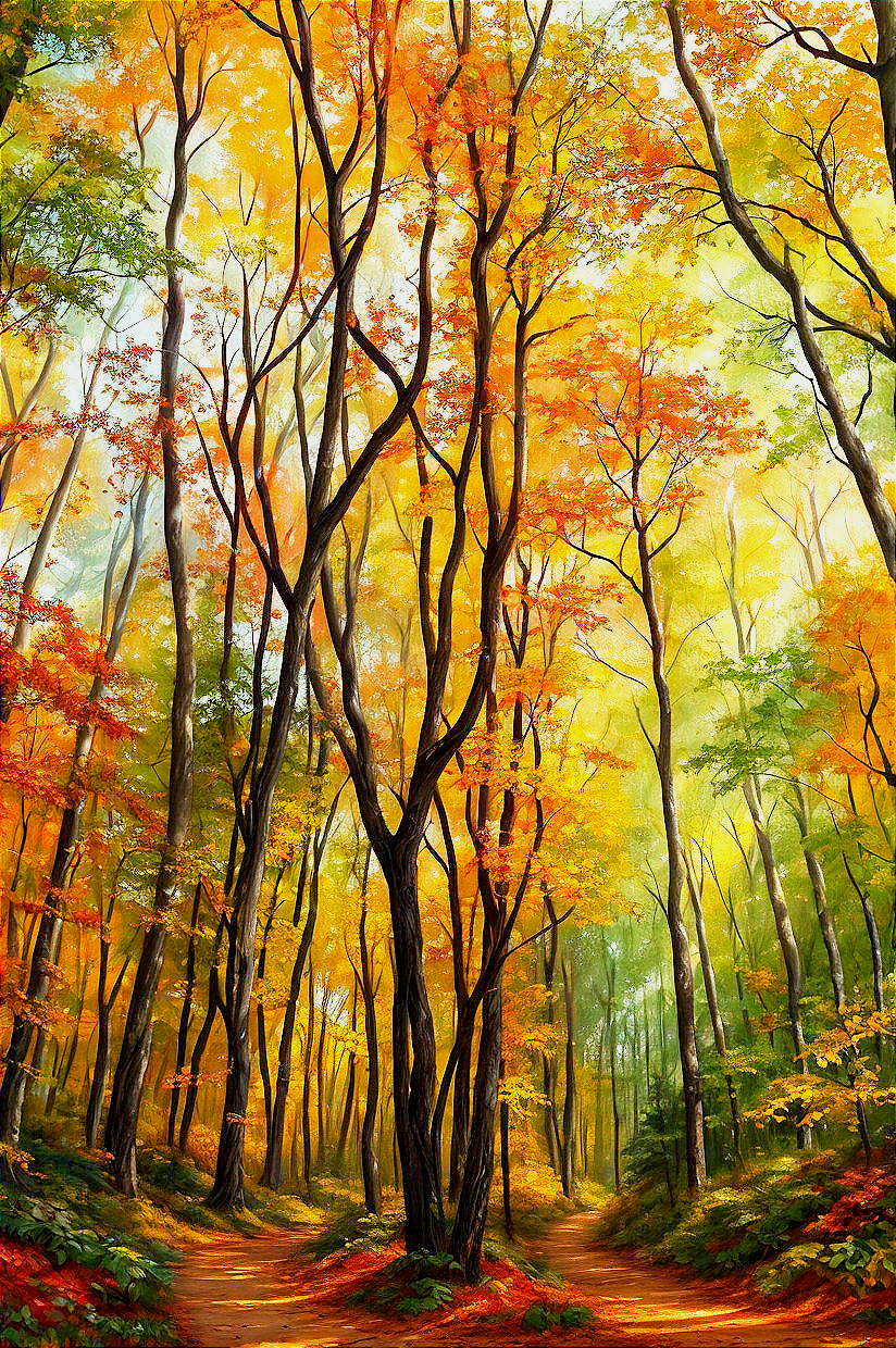 Colorful Autumn Forest Path with Sunlight Filtering Through Foliage