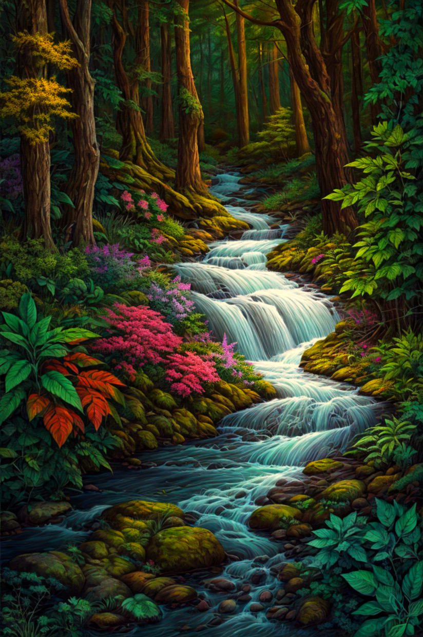 Serene Forest Scene with Gentle Stream and Lush Greenery