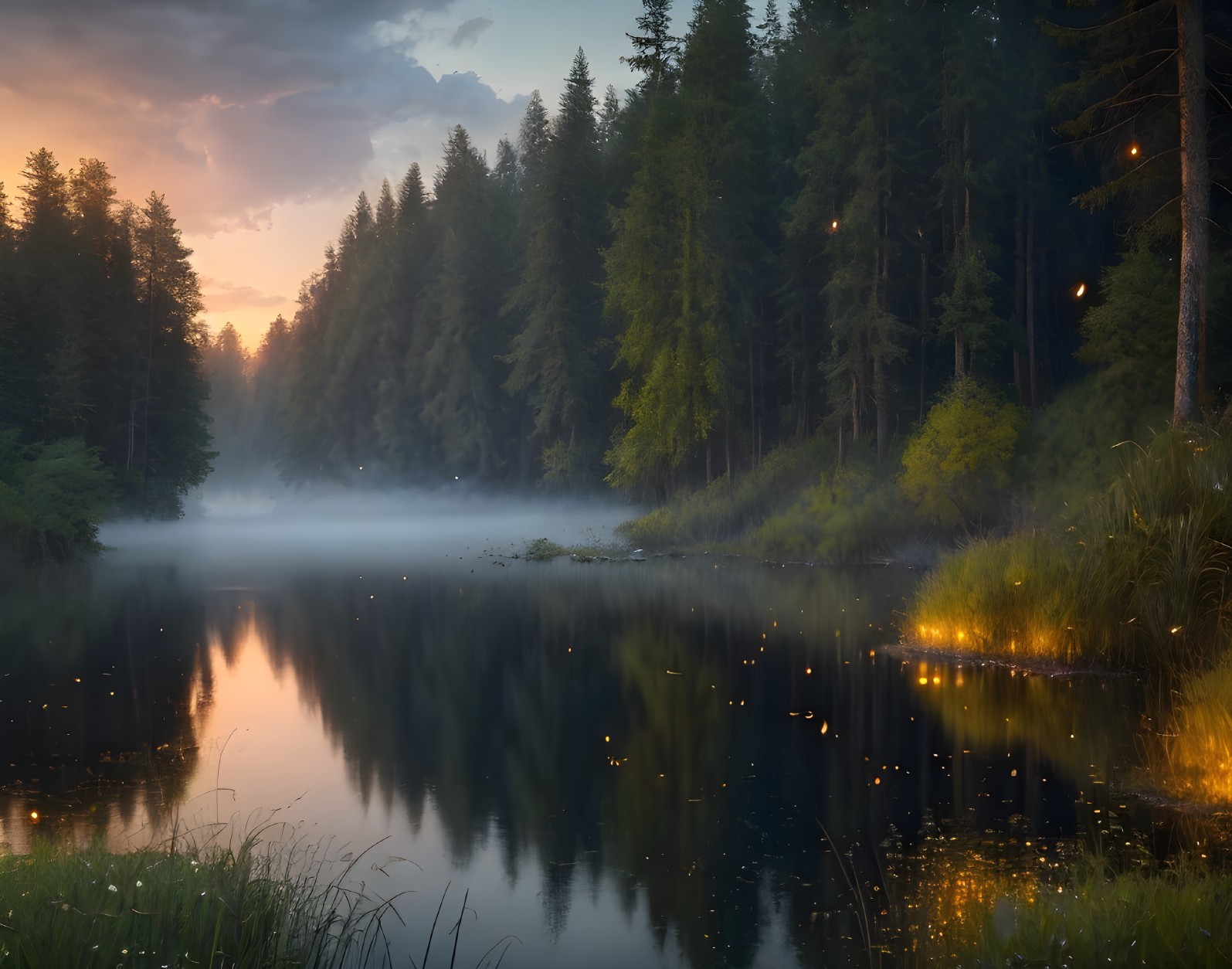 Serene Forest Landscape with Sunset and Calm Lake