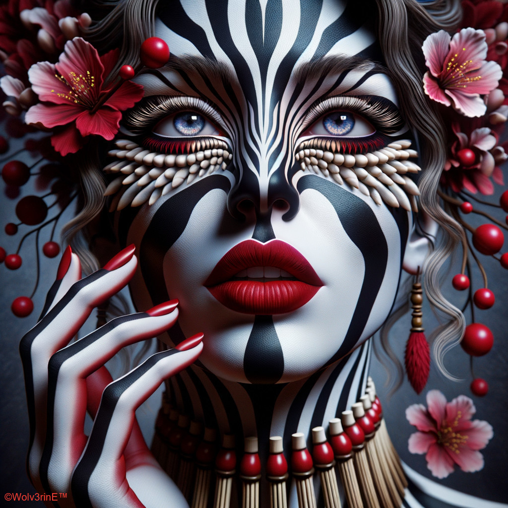 Digital Artwork of Woman with Face Paint and Blossoms