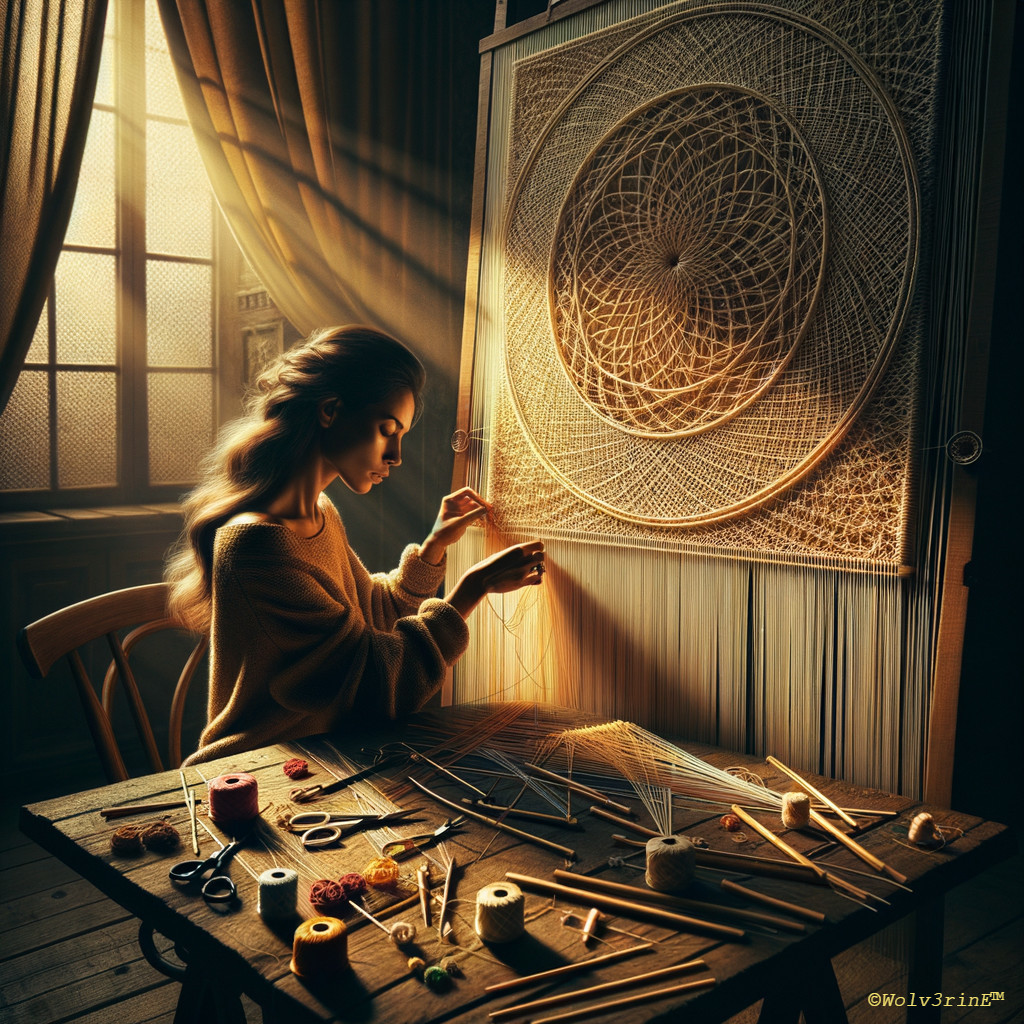 Young Woman Creating Intricate String Art in Soft Light
