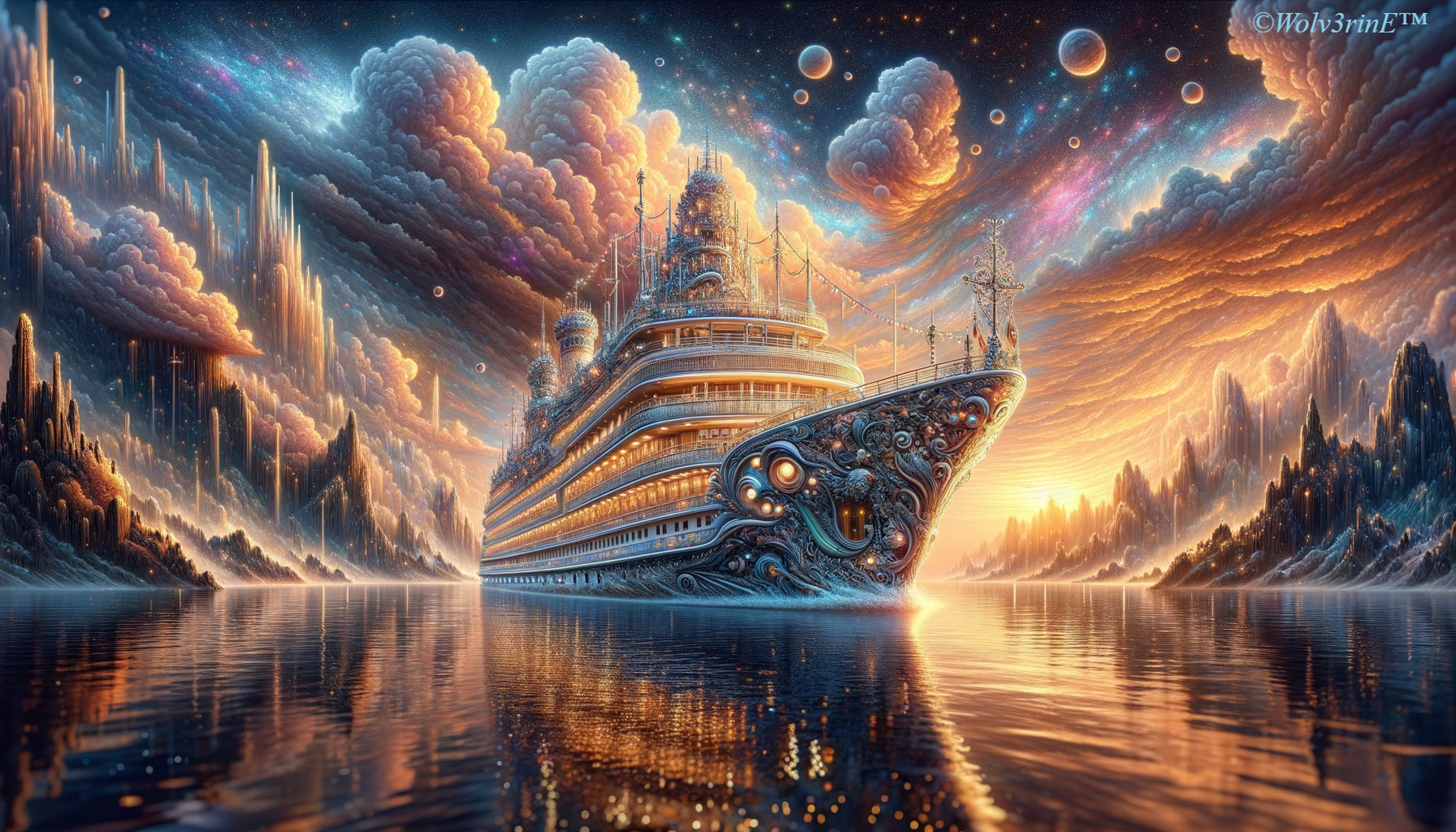 Cruise Ship in Surreal Landscape with Crystalline Formations