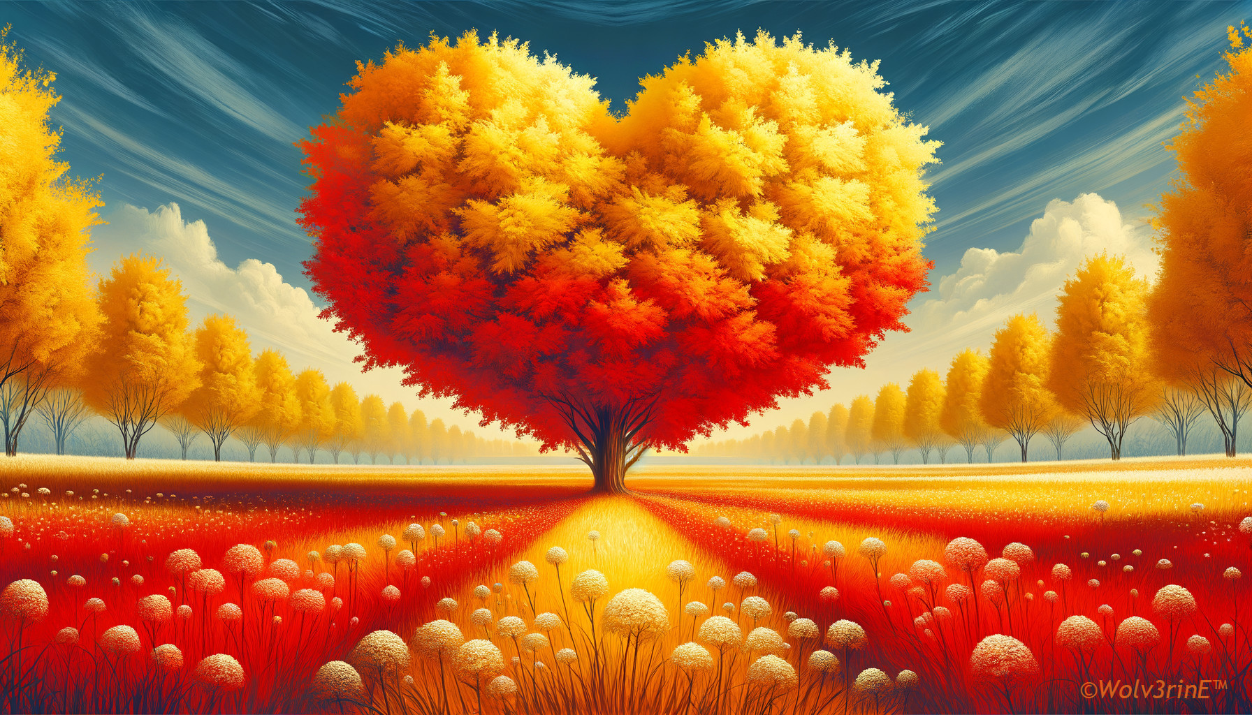 Heart-Shaped Tree in Vibrant Autumn Landscape