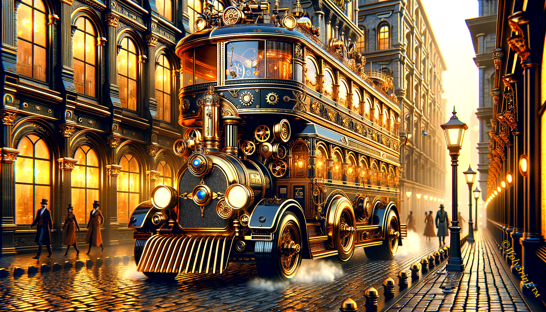 Steampunk Bus on Cobblestone Street with Victorian Scene