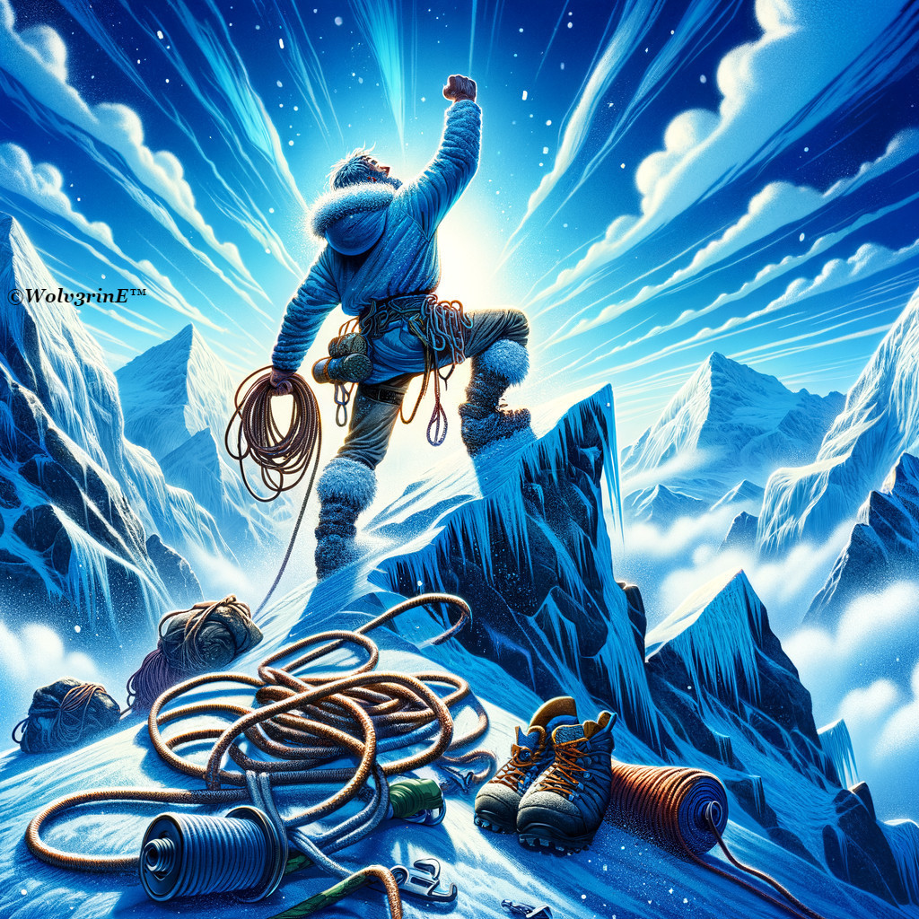 Climber on Snowy Peak Against Blue Sky and Mountains